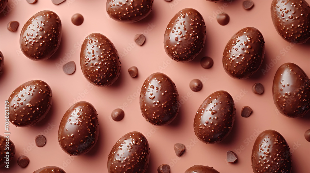 Chocolate Easter eggs banner on old rose background