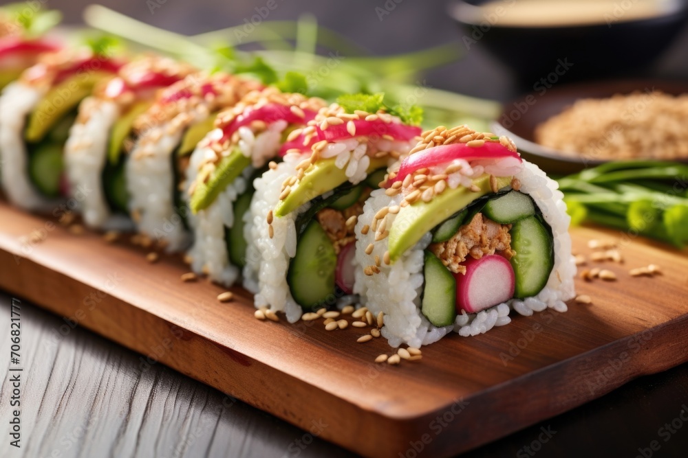 A mouthwatering capture displays a bitesized sushi piece, bursting with flavor and color as layers of marinated, meltinyourmouth tempeh mingle harmoniously with crisp cucumber, tangy pickled A mouthwatering capture displays a bitesized sushi piece, bursting with flavor and color as layers of marinated, meltinyourmouth tempeh mingle harmoniously with crisp cucumber, tangy pickled