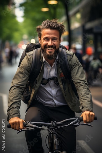 Bearded middle-aged businessman, dressed in a suit, confidently pedaling his bicycle on a sunny morning commute through the city, Generative AI
