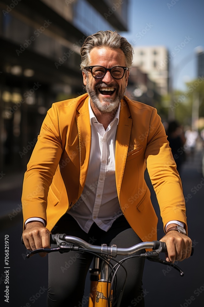 Hipster businessman with a beard, making his daily office commute on a bicycle along an urban road, Generative AI