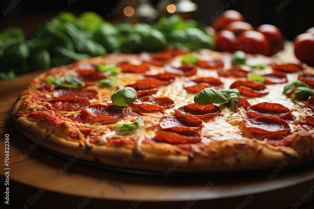 Hot pepperoni pizza with melted cheese, closeup Hot pepperoni pizza with melted cheese, closeup
