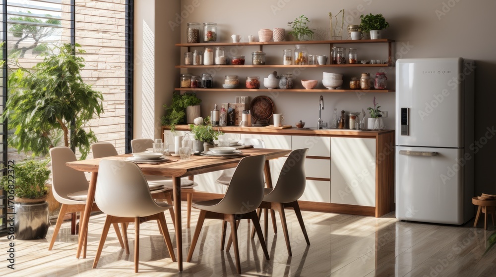 dining room with shelves, refrigerator with elegant wooden furniture dining room with shelves, refrigerator with elegant wooden furniture