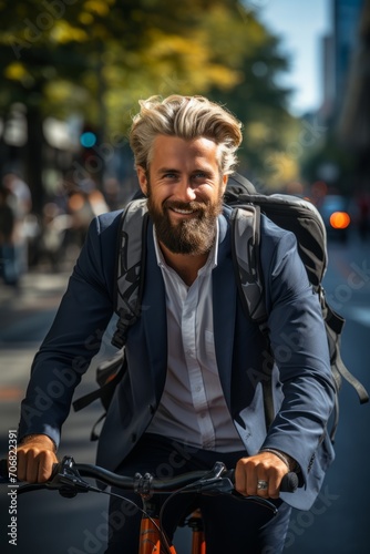 Successful businessman riding his bike to the office, looking sharp in his work attire on the city road, Generative AI