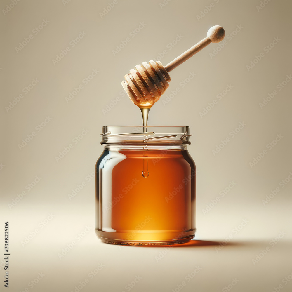 Honey Jar with Dripping Honey Dipper Mockup on Plain Background Honey Jar with Dripping Honey Dipper Mockup on Plain Background