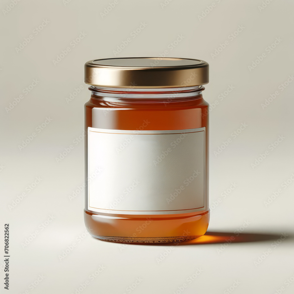 Blank Label Honey Jar Mockup on Neutral Background Blank Label Honey Jar Mockup on Neutral Background