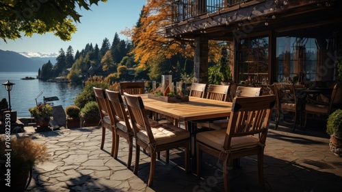 romantic outdoor dining area with lake views