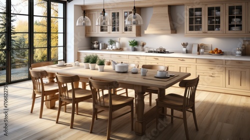 Scandinavian classic white kitchen with wooden details, minimalist interior design. © Prasojo