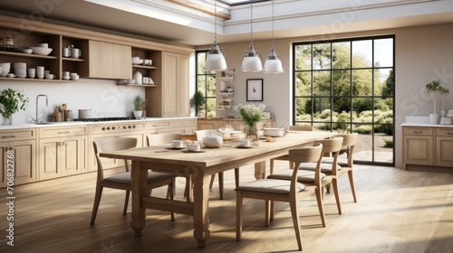 Scandinavian classic white kitchen with wooden details  minimalist interior design.
