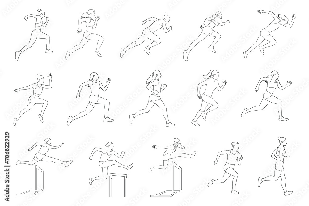Set of line drawings of female runners. Flat vector icon for woman or woman jogging for fitness apps and websites.