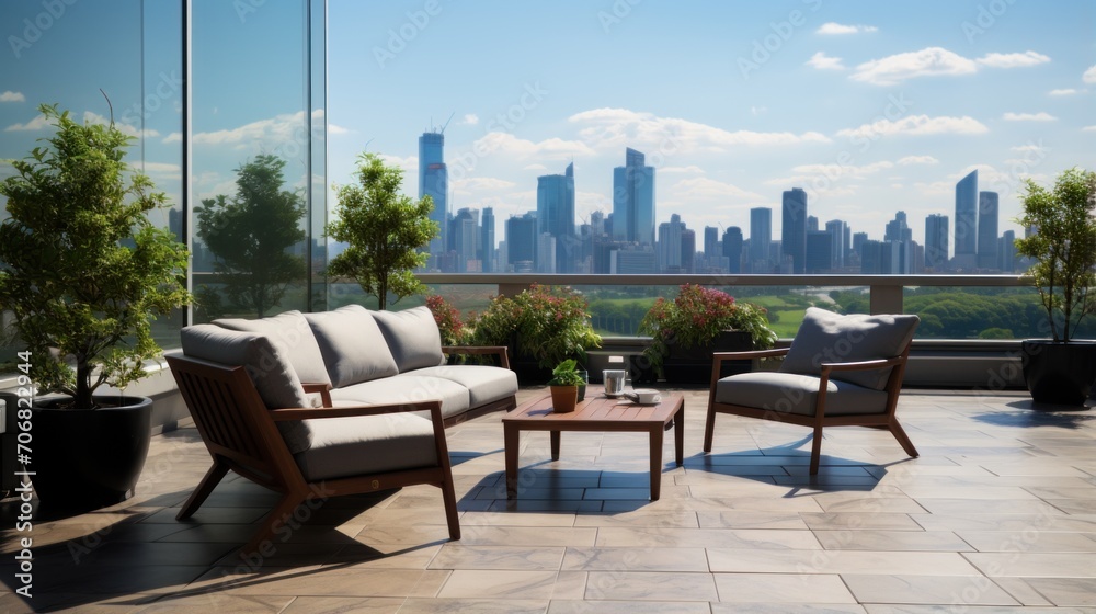 balcony with seating on the terrace of a high-rise building in the city. balcony with seating on the terrace of a high-rise building in the city.