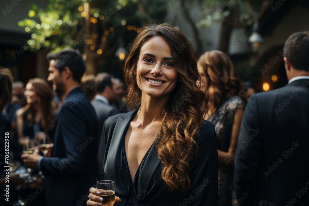 Businesspeople at an outdoor networking event, savoring drinks and contributing to a productive and collaborative atmosphere, Generative AI