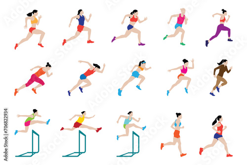 Set of images of female runners. Flat vector icon for woman or woman jogging for fitness apps and websites.