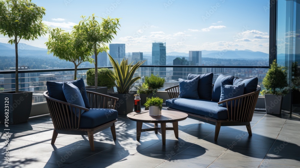 balcony with seating on the terrace of a high-rise building in the city.