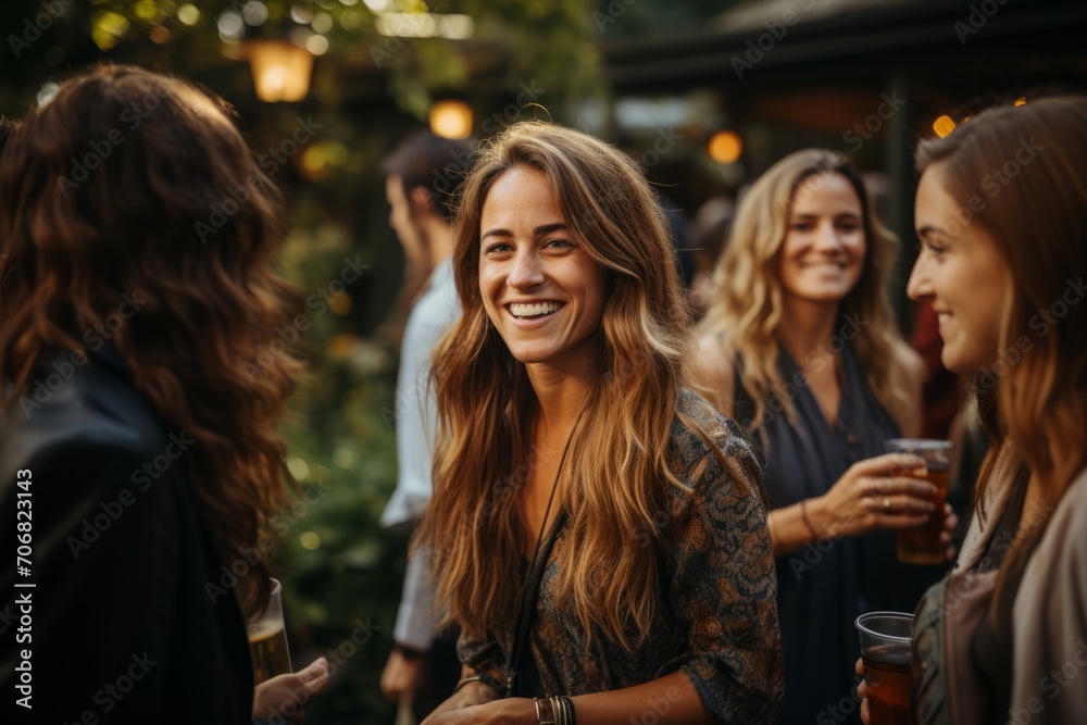 Group of business associates connecting at an outdoor event, enjoying drinks while exploring new opportunities, Generative AI