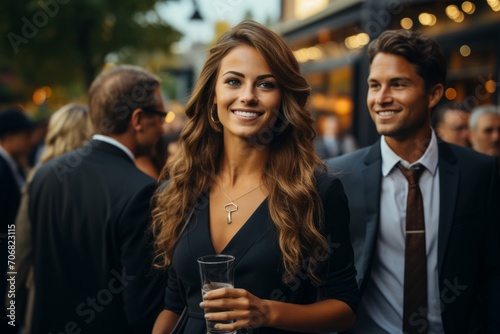 Group of business associates connecting at an outdoor event, enjoying drinks while exploring new opportunities, Generative AI