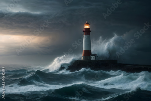 A lighthouse in the middle of a stormy sea © AungThurein