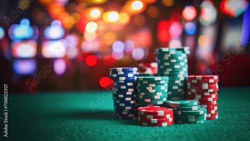 Stacks of poker chips, blurred casino background