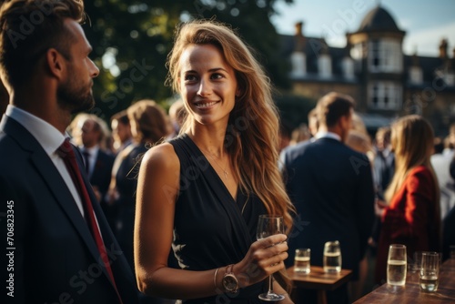 Professionals networking under the open sky, with drinks in hand, at an engaging and lively outdoor event, Generative AI