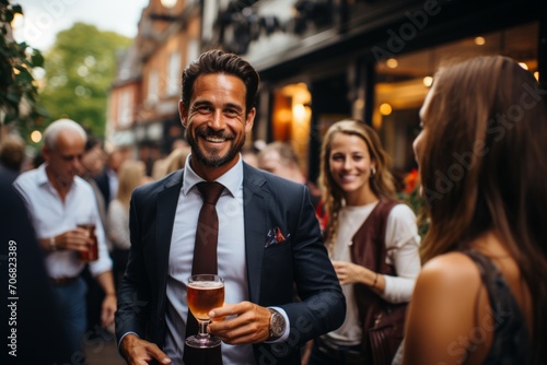 Vibrant outdoor business gathering, where participants interact with drinks in hand, fostering new relationships and opportunities, Generative AI