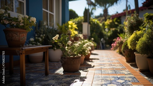 small backyard of a country house with flower pots and some green plants