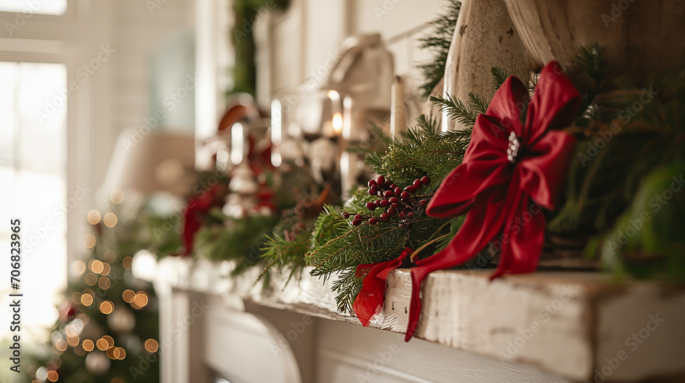 Christmas mantel with red bows and greenery
