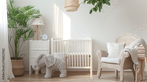 Baby room with chest of drawer, unisex white cot, big toy elephant, home plant, armchair and floor lamp. Nursery in Japandi or Scandinavian Style. Interior Background