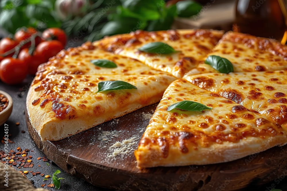 A slice of hot Italian pizza with stretching cheese. Pizza four cheeses with basil