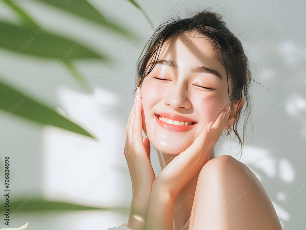 自然な笑顔と輝く健康肌のアジア系女性