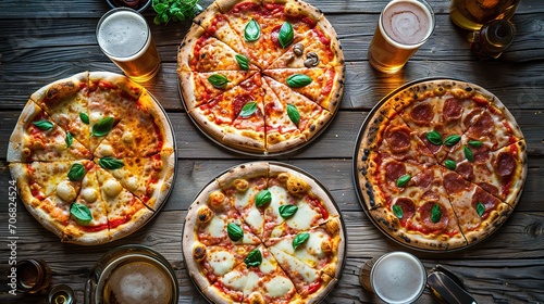 Dinner table with various delicious food. Italian pizza, beer, top view