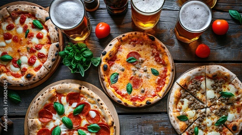 Dinner table with various delicious food. Italian pizza, beer, top view photo