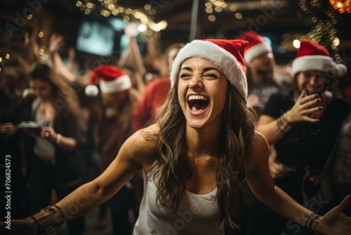 Lively office Christmas party with employees wearing Santa hats, enjoying music, and dancing the night away, Generative AI