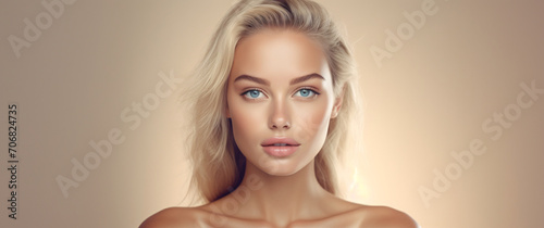 Beautiful blonde woman with clean fresh skin. Portrait of a beautiful young woman for skin product concept. © drixe