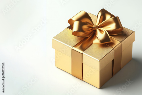 one large golden gift box isolated with gold satin bow ribbon on a white background. festive holiday christmas, Happy New Year, wedding celebration, birthday. gold gift box luxury present.