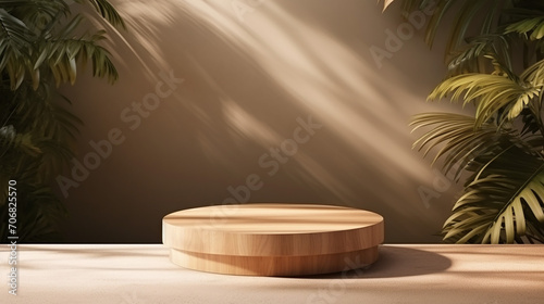 wooden round smooth grain podium table curved tropical plant with sunlight