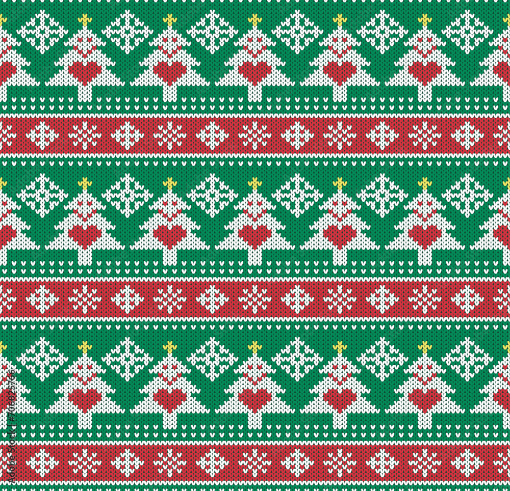 Christmas tree with star on top and lots of Snowflake Knitting Seamless Pattern. Vector illustration.