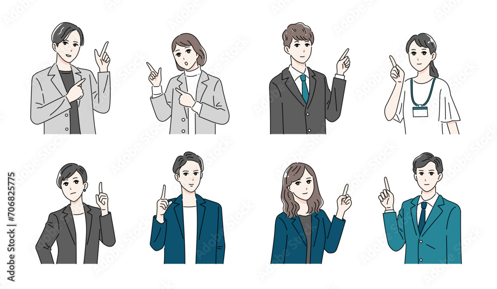 指を指して紹介をする様々な職種のビシネスパーソンのイラストセット 指を指して紹介をする様々な職種のビシネスパーソンのイラストセット