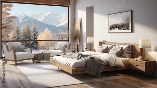 Spacious scandi bedroom interior with large windows for beautiful views and minimalist decor © Prasojo