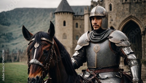A medieval knight in shining iron armor, mounted on a horse, in front of a historic castle Generative AI