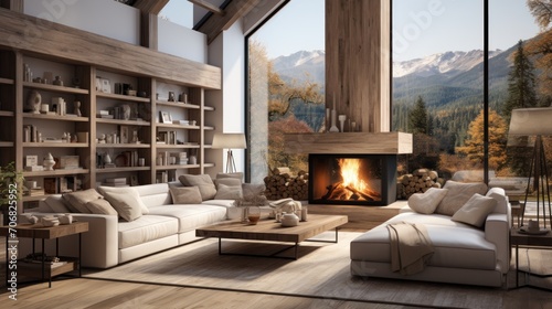Spacious white and wood designed living room with fireplace, modern sofa and windows to see the view © Prasojo