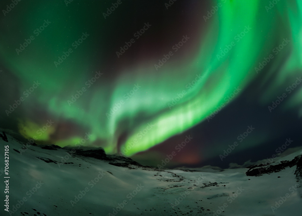 The Arctic night sky is illuminated by the enchanting Aurora Borealis, casting vibrant polar lights that dance across the darkness. The scene is mesmerizing.