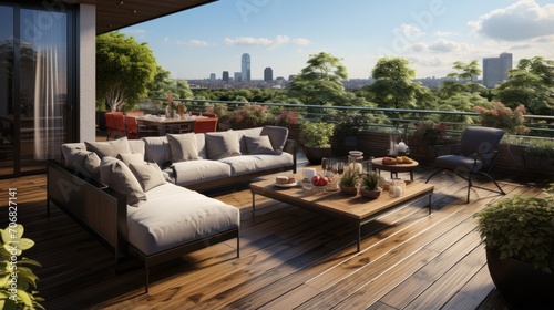 Stylish large house terrace with wooden floors on the rooftop with beautiful decor and city views © Prasojo