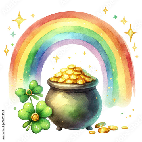 St Patrick's Day, Cute gold coins pot Cauldron under the rainbow in St Patrick's Day Theme PNG Clipart