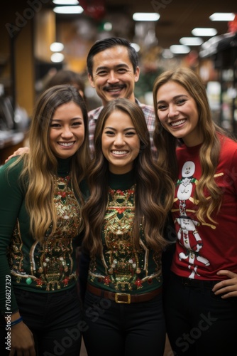  Group of office employees donning holiday-themed costumes and spreading holiday cheer during the Christmas party, Generative AI