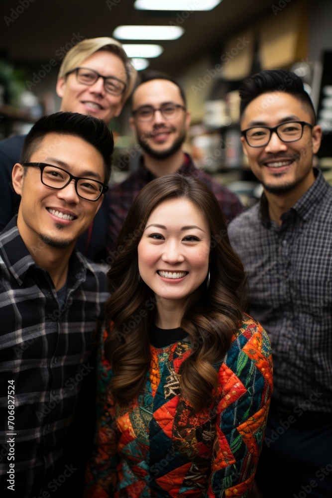Office colleagues wearing ugly Christmas sweaters and posing for a fun group photo during their holiday party, Generative AI Office colleagues wearing ugly Christmas sweaters and posing for a fun group photo during their holiday party, Generative AI