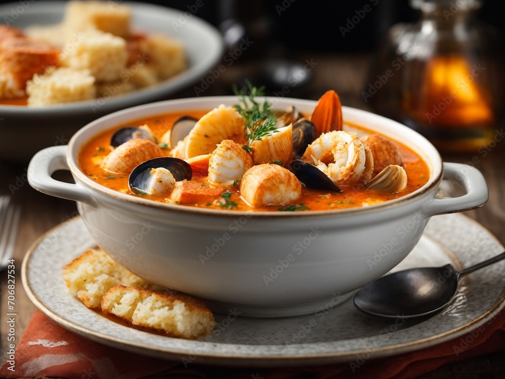 French bouillabaisse stew, full of Mediterranean seafood and tomatoes, cinematic food photography 