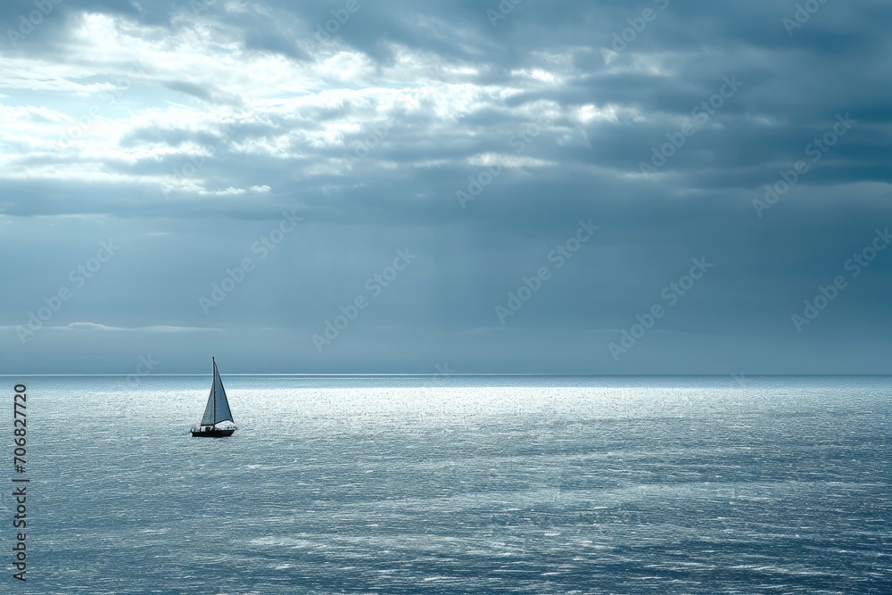 A lone sailboat on a vast ocean