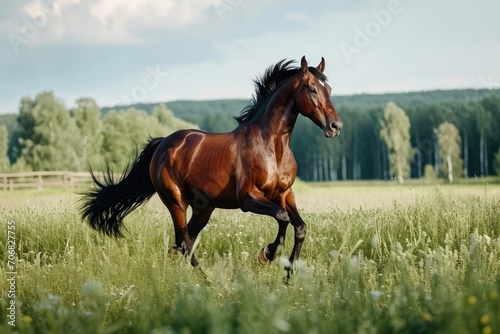 A majestic horse galloping in a meadow