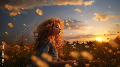Little curly girl with flyng dandelion seed. photo