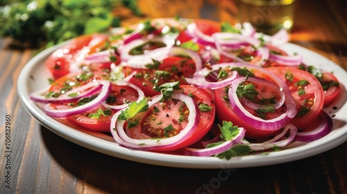 A pictureperfect ensalada chilena is displayed, radiating freshness. The salad is composed of thinly sliced ripe tomatoes, dressed with olive oil, vinegar, and a sprinkle of salt. Vibrant photo