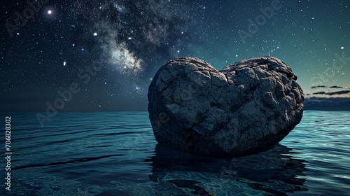 A heart-shaped rock formation in the middle of a tranquil sea, under a starry night sky, symbolizing love and compassion in social justice